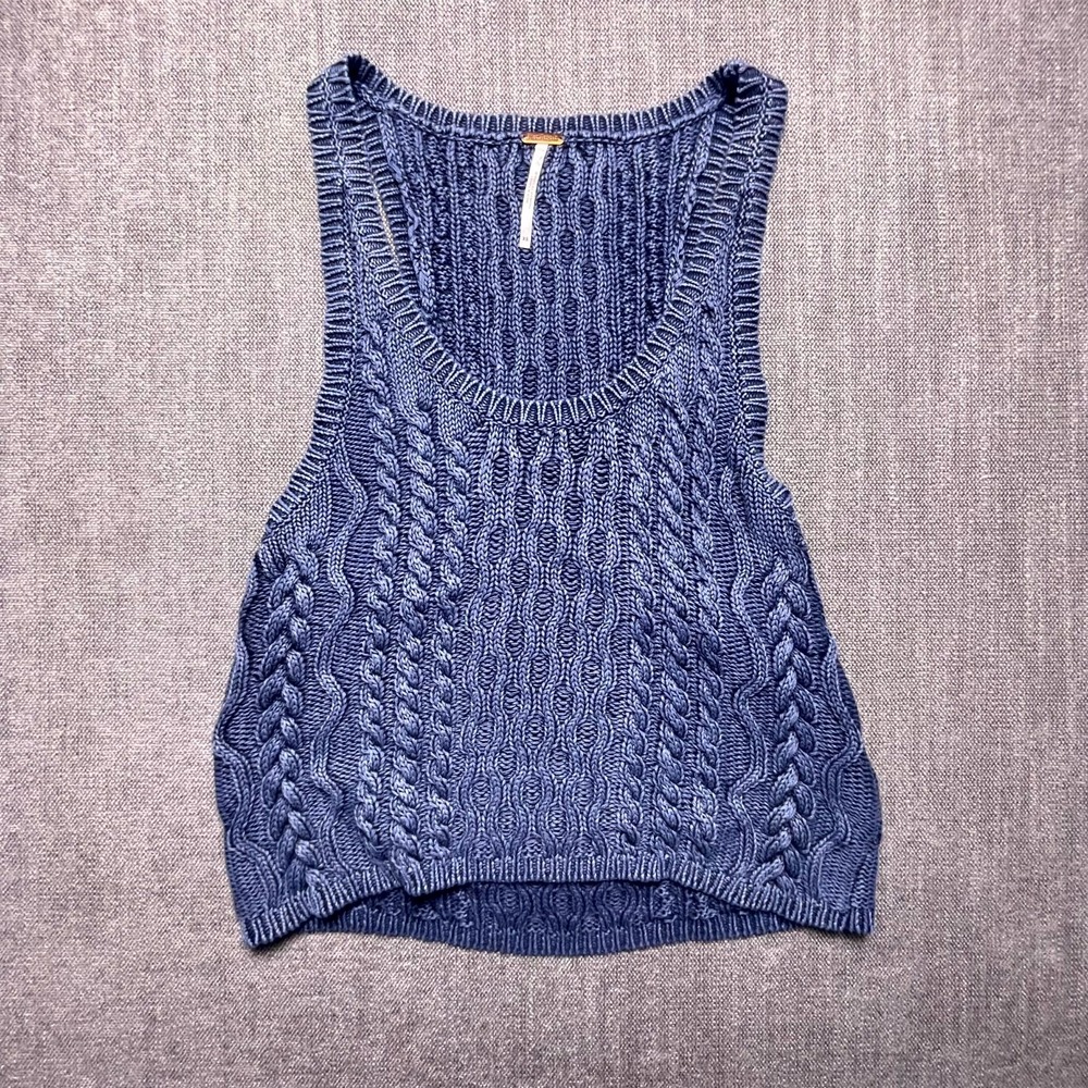 Free People High Tide Cable Cropped Tank Top Womens XS Blue Cable Knit Slouchy